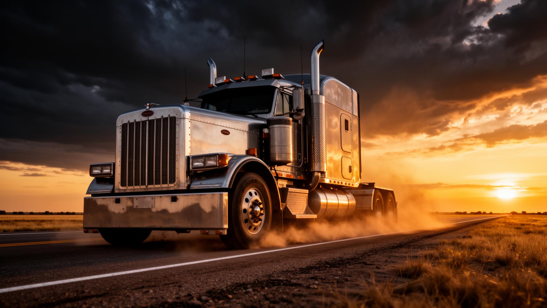 Semi truck on Oklahoma highway at sunset